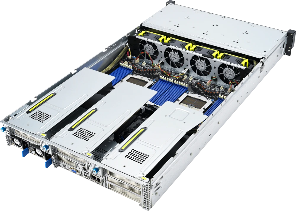 Сервер ASUS RS720A-E12-RS24U 2U, 2x AMD SP5(up to 400w), 24x DDR5(4800), 24x 2,5(16NVMe + 8NVMe/SATA/SAS*), 2xM.2 slot 2280, 6x PCIe Gen5 x8 or 3x PCIe Gen5 x16, up to 3 dual-slot GPUs, 2x10Gbe RJ45, 2x2600W