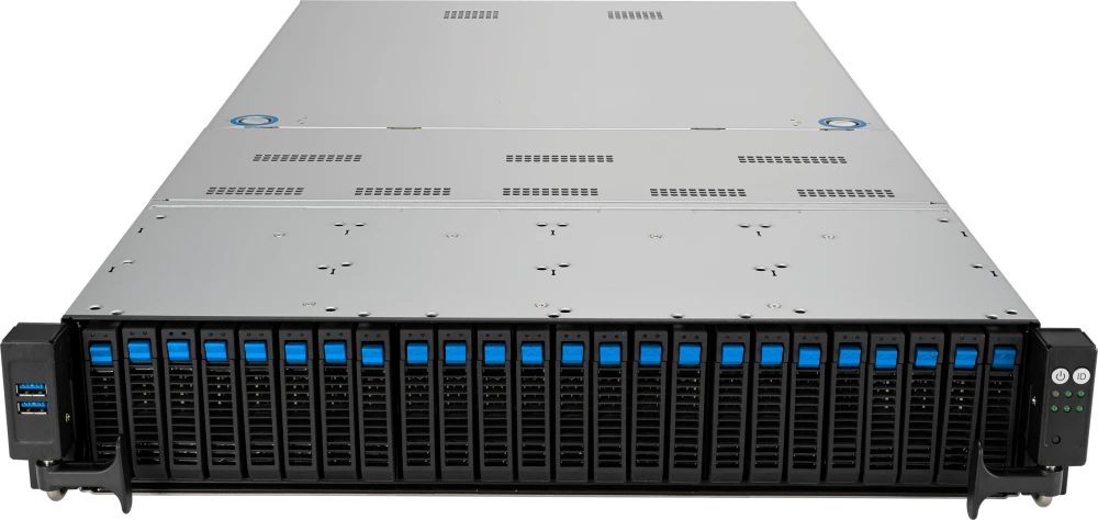 Сервер ASUS RS720A-E12-RS24U 2U, 2x AMD SP5(up to 400w), 24x DDR5(4800), 24x 2,5(16NVMe + 8NVMe/SATA/SAS*), 2xM.2 slot 2280, 6x PCIe Gen5 x8 or 3x PCIe Gen5 x16, up to 3 dual-slot GPUs, 2x10Gbe RJ45, 2x2600W