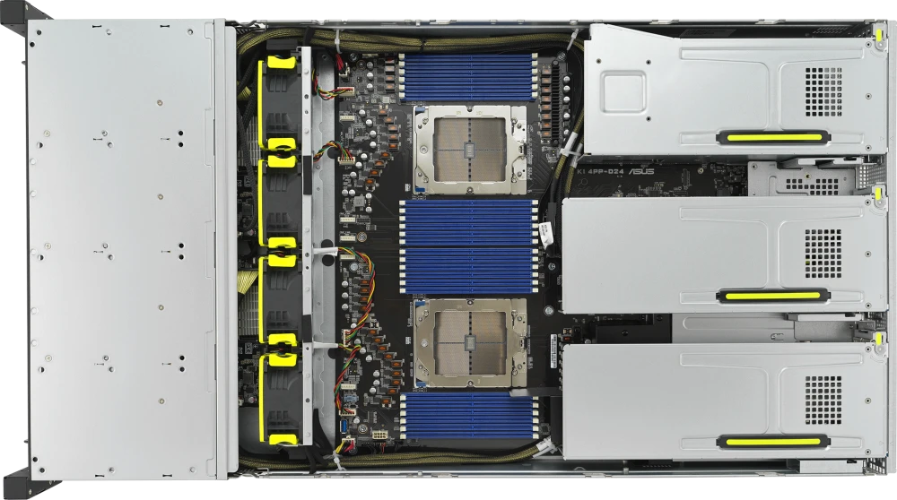 Сервер ASUS RS720A-E12-RS24U 2U, 2x AMD SP5(up to 400w), 24x DDR5(4800), 24x 2,5(16NVMe + 8NVMe/SATA/SAS*), 2xM.2 slot 2280, 6x PCIe Gen5 x8 or 3x PCIe Gen5 x16, up to 3 dual-slot GPUs, 2x10Gbe RJ45, 2x2600W